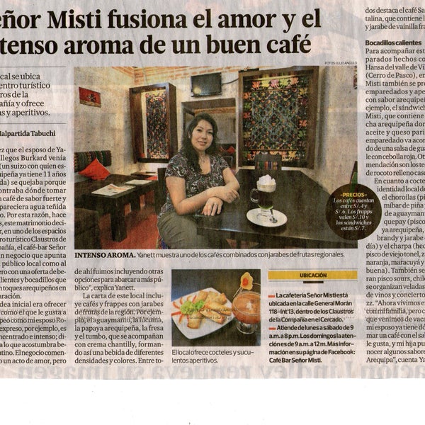 Entrevista del Diario el Comercio a Cafe Bar Señor Misti de Abril 2013 "Señor Misti fusiona el amor y el aroma a un buen cafe"