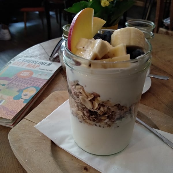 Cozy cafe with good coffee and great yogurt with fruits and musli