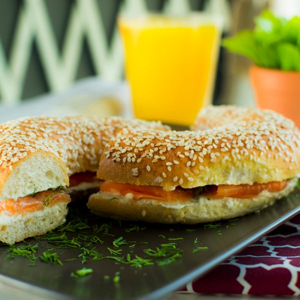 Salmon and Cream Cheese Sandwich in Toasted Sesame Bagel