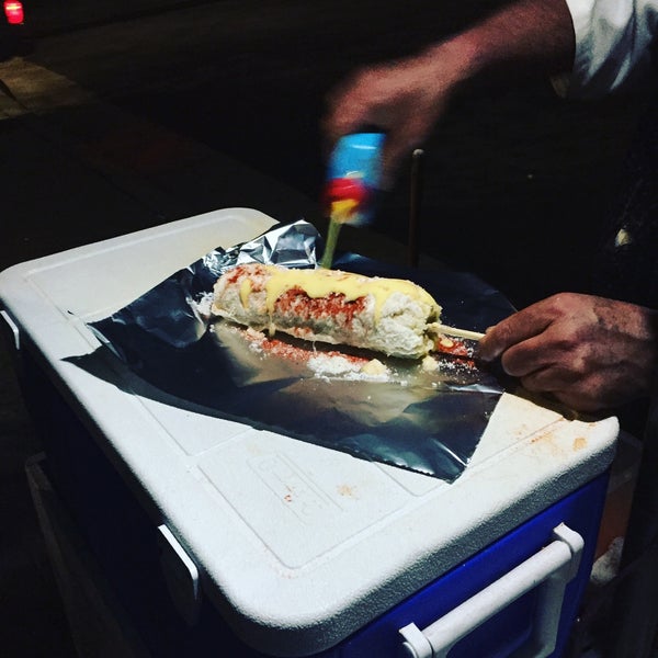 The locally beloved corn man serves up late night elote: boiled corn smothered in mayo, butter, cheese, chili + lime.