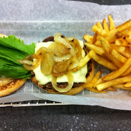 Signature Burger with Pepper Jack Cheese, Grilled Onions, Lettuce, and Chipotle Mayo. Do not forget the fries
