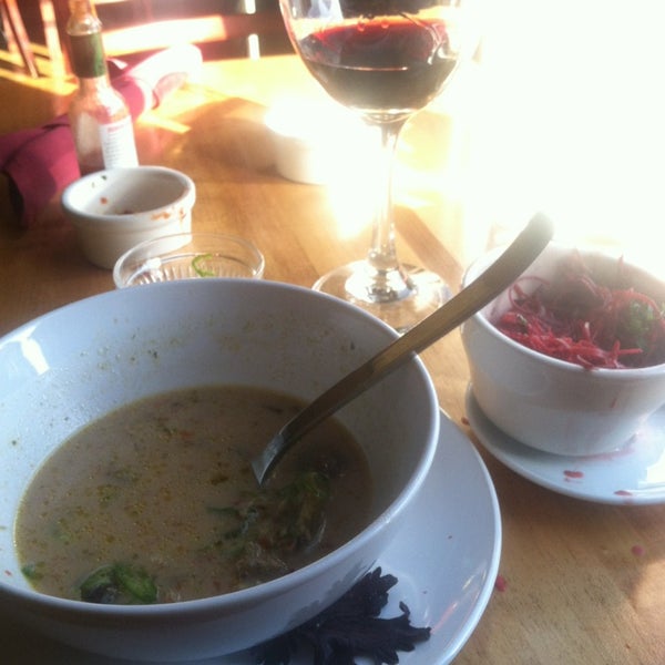 The Coconut Curry Soup and red cabbage apple cider salad pair nicely with the Zin. The window seat on a warm early evening is lovely except for the flies.