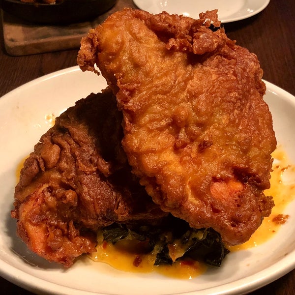 Crispy fried chicken was enough for two! A bit of heat and good bacon collard greens, which I normally am not a huge fan of!