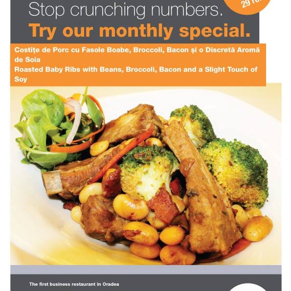 Try The Hub Restaurant January specialty: Roasted Baby Ribs with Beans, Broccoli, Bacon and a Slight Touch of Soy. Yummy!
