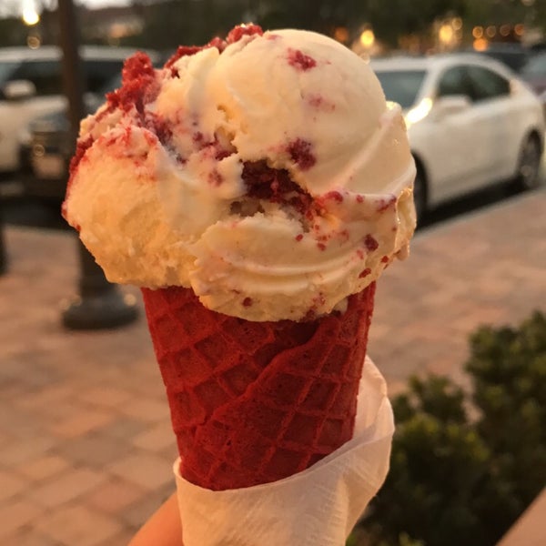 Red velvet ice-cream in a red velvet cone..😍