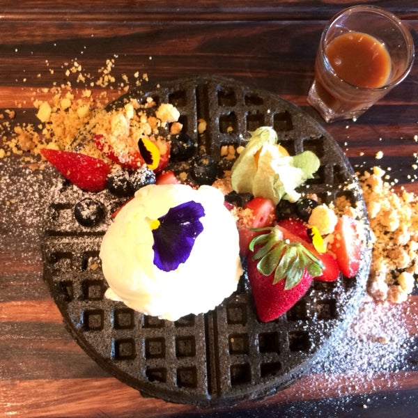 Charcoal waffle with salted caramel