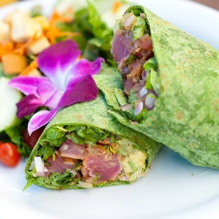 Blackened Ahi with wasabi aioli wrapped in a spinach flour tortilla