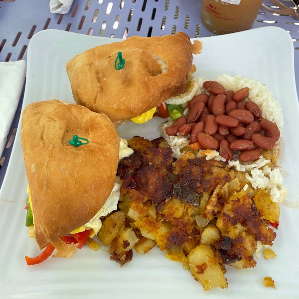 I had the chorizo breakfast sandwich that came with a side of home fries & rice and beans! It was fantastic! All seating was outdoors, but it was a great, friendly atmosphere! Highly recommend!