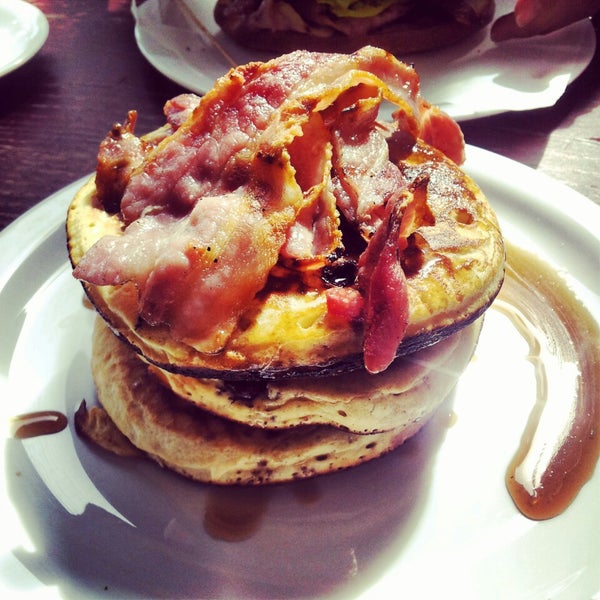 The blueberry pancakes with maple syrup are huge and so tasty...but you just have to have bacon on top for extra!