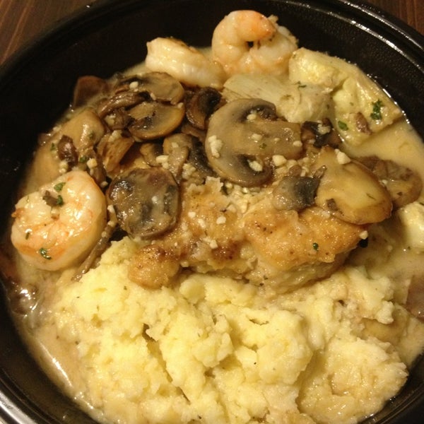 Park Ave.: Chicken breast, artichokes, shrimp, mushrooms, mashed potatoes, in a garlic butter sauce. Sooooo yummy!!!