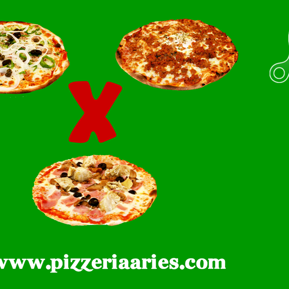 Todos los jueves la segunda pizza te la REGALAMOS, oferta valida local y recoger. Haz tu pedido ONLINE en www.pizzeriaaries.com o al teléfono 971 07 09 36