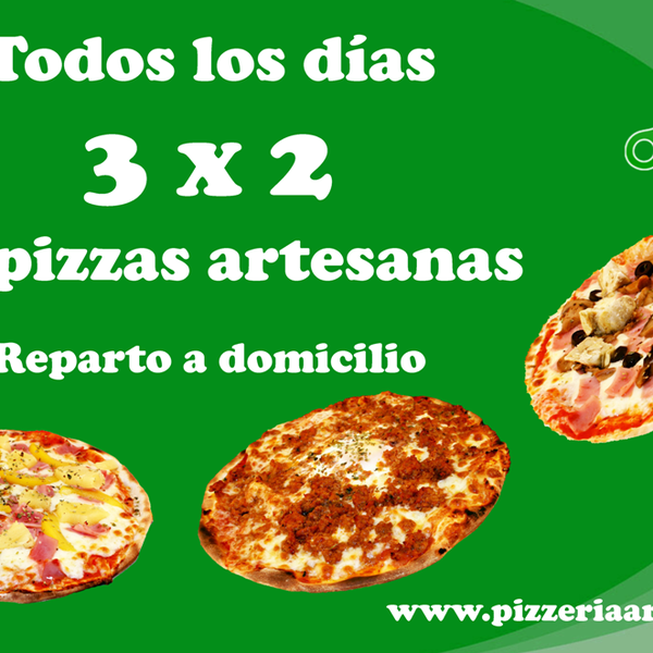 Todos los días 3 x 2 en pizzas, oferta valida para llevar y domicilio, no acumulable a otras ofertas y promociones.