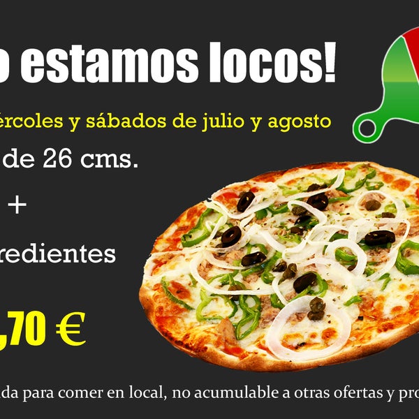 Pizza individual con 2 ingredientes a elegir por 3,70 €, oferta valida para comer en local.