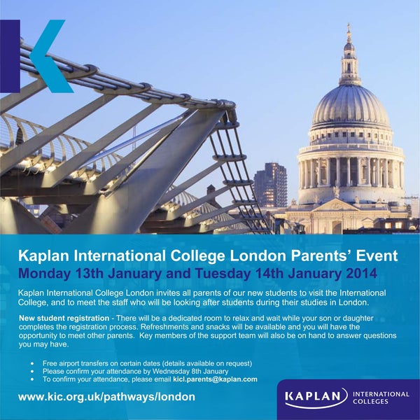 We're inviting all parents of our new students to visit Kaplan International College London, and to meet the staff who will be looking after students during their studies in #London.
