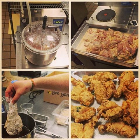 Mary's free-range chicken is being impregnanted like a vacuum while maintaining the nutrients/flavor of the chicken! The chicken is seasoned, rolled in flour, dipped in hot oil and prepared for you!