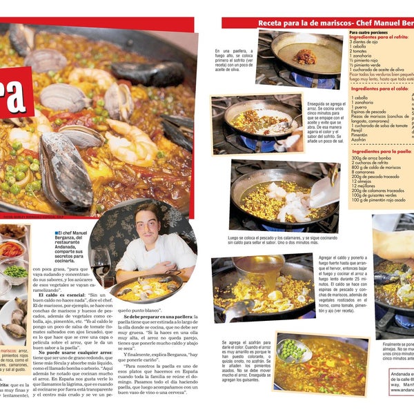 El Diario article about Manuel Berganza explaining how to make "la autentica Paella de Mariscos"