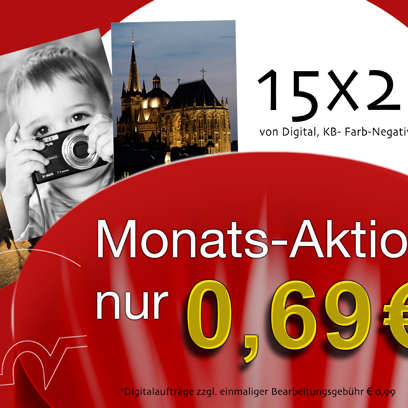 Jeden Monat gibt es eine neue Aktion bei der Entwicklung von digitalen Fotos. Im Juni gibt es Fotos in 15x20 für 0,69 €.