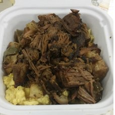 Lunch is good here with the choice of beef brisket or pulled pork, but the winner here is the breakfast hash which includes eggs, potatoes, choice of meat and sauce. At $3.99 it's a bargain.