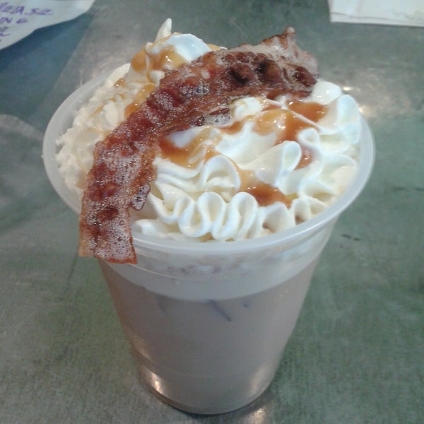 You won't find this on the menu! If you're in an adventurous mood put in a request for the BLT Latte. It's tiramisu coffee with whipped cream and a salty carmel drizzle with bacon on top!