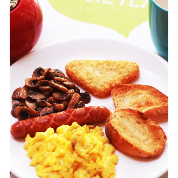 Our newly updated All Day Breakfast Sunrise! Succulent smooth eggs with filling mushroom and Juicy beef sausage with a side of crunchy yummy hashbrown and toast!
