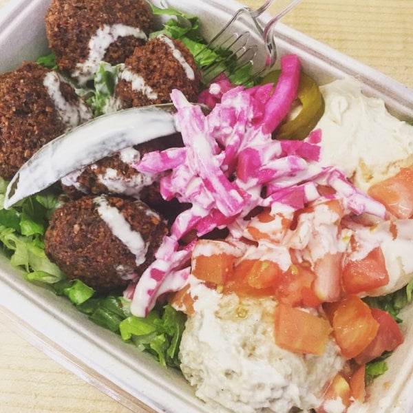 Avoid the rush for lunch by getting in before 12pm. Also have their chicken bowl or Kafta bowl. Their orange and green sauce are a must drizzle on your bowl or sandwich. Fresh, tasty and reasonable...