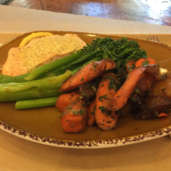 The oven baked salmon with mustard sauce is delish!