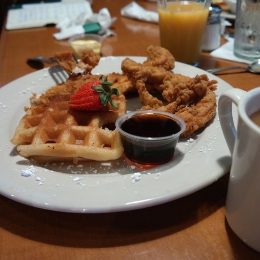 Chicken and waffles for breakfast is a bit weird. but the chicken was gorgeous! really moist.. waitress was really nice helpful too..