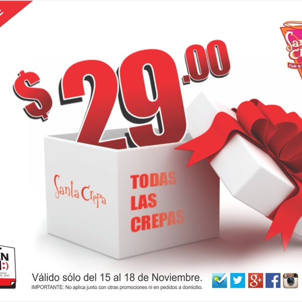 Aprovecha la super promoción del BUEN FIN, $29.00 pesos todas las crepas, del 15 al 18 de noviembre 2013. "SANTA CREPA".