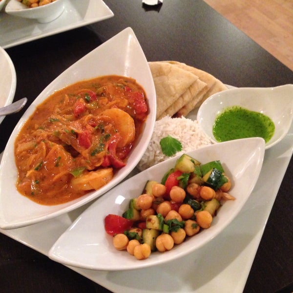 This place has a wide variety of Indian food and a great atmosphere, complemented by helpful staff and quotes on the walls from inspiring people in history. Pictured is the shrimp jalfrezi.