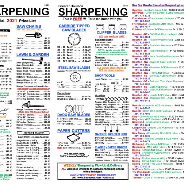 GreaterHoustonSharpening.com has provided our services through Sears in the past.  See our current 2021 pricing of over 100+ items for our WEEKLY sharpening services nearest this old Sears location..