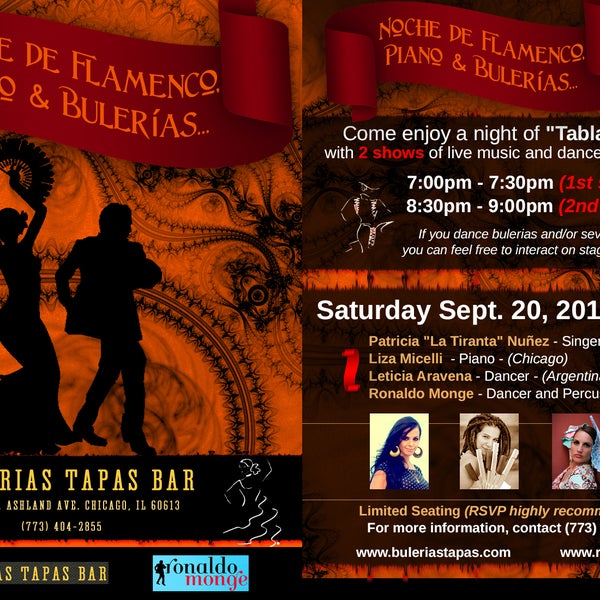 Flamenco @ Bulerias Tapas Chicago2 SHOWS - September 20th, 2014Make your reservation at www.buleriastapas.comNO COVER DINNER SHOW