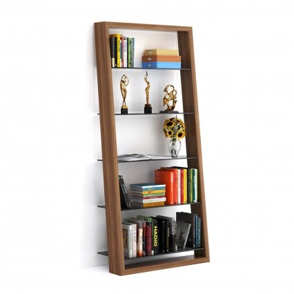 Classic walnut frame with modern white tempered glass shelves to build the most beautiful wall-to-wall library right in your living room!