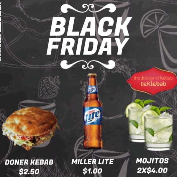 Este Black Friday te espera en Teklebab, Doner Kebab 2.5$ Miller Lite 1$ Mojitos 2x4$