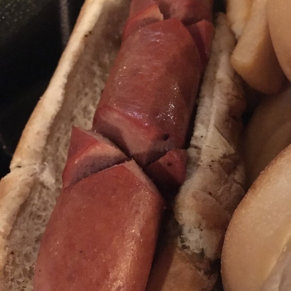 The kids’ menu hot dog is huge! It looks like it’s beef.