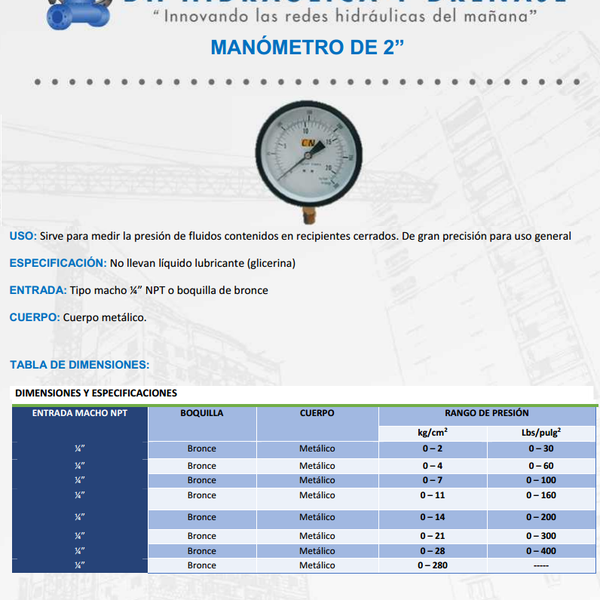 Manómetro de 2"Llámanos al. 01 55 56 70 13 85 lada sin costo 01 800 841 2009, mándanos un correo ventas2@hidraulicaydrenaje.com.mx y pide tu cotización