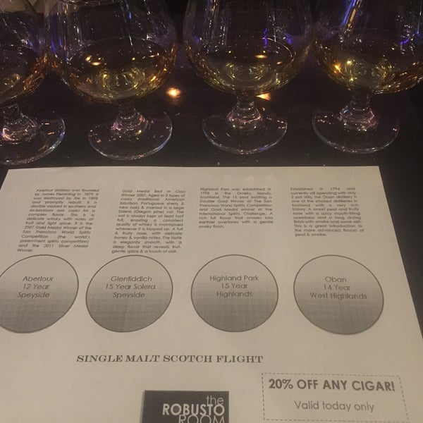 Get the scotch flight and then use the coupon to get a couple cigars. Flights (not on the menu) about $45 but hey it's good scotch baby. :-)