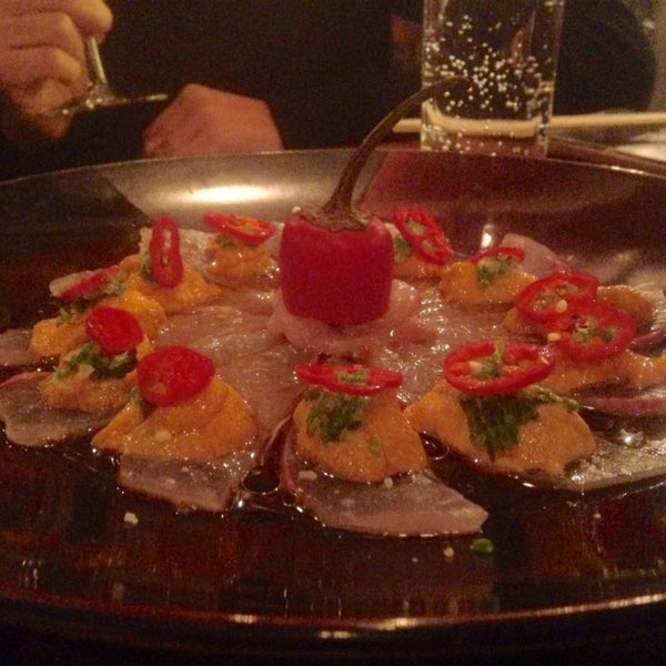 Very very good raw fish Japanese with some classics as sashimi and nighiri, but also some fusion the one in the photo: amberjack-sea urchin-aji with ponzu. Fish is daily fresh, great place!