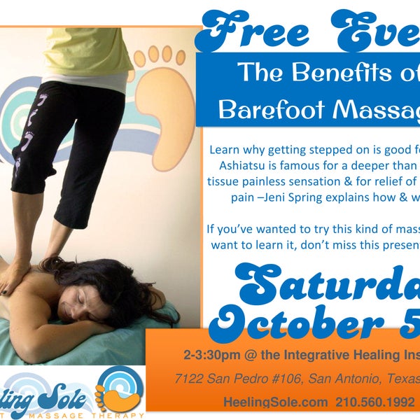FREE event on Saturday 10/5/13 from 2-3:30: Demonstration and talk on the benefits of Barefoot Massage: plus, win a free 60 minute massage! http://www.heelingsole.com/benefits-of-barefoot.html