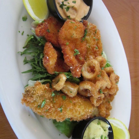 Fried Appetizer Sampler with Calamari, Shrimp, Razor Clams and Pilchards, served with aioli and lemon pepper aioli.