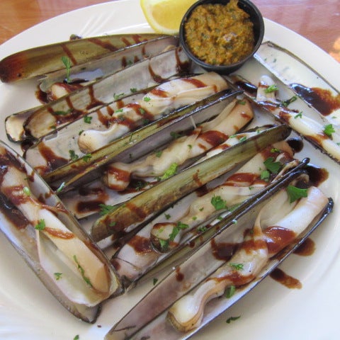 Appetizer Feature -  Grilled Razor Clams with a balsamic BBQ drizzle and Italian Salsa