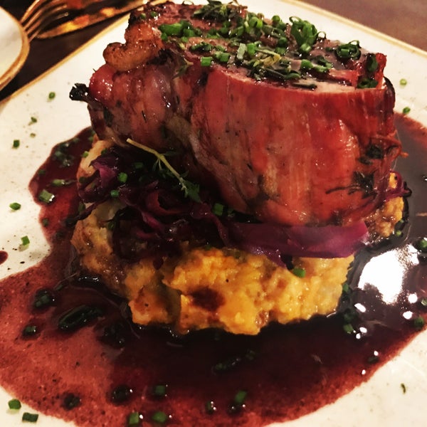 Maple glazed pork belly with pecan sweet potato mash and a purple cabbage slaw!