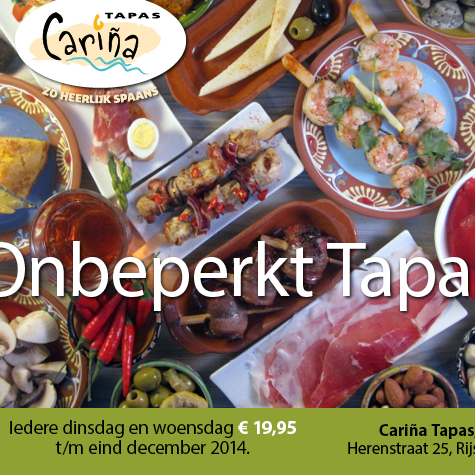 Na de succesvolle woensdag nu ook op dinsdag genieten van onbeperkt tapas op niveau! voor slechts 19.95 pp. http://www.carinatapas.nl/menu/