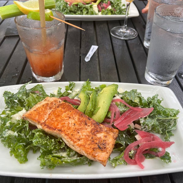 Delicious Bloody Mary and salmon kale salad!