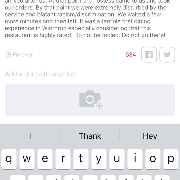 Terrible service- blatantly racist. See attached photo for detailed review.