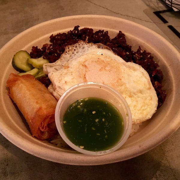 The Bulgogi rice bowl is so good. The seasoning on the juicy meat was ridiculously flavorful...it also had a perfectly cooked fried egg, pickles, spring roll, & delicious sauce, & was only $8! Yum.