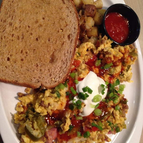 The Fiesta Scramble is where it's at if you can handle the heat! Cholula provided if you need more.