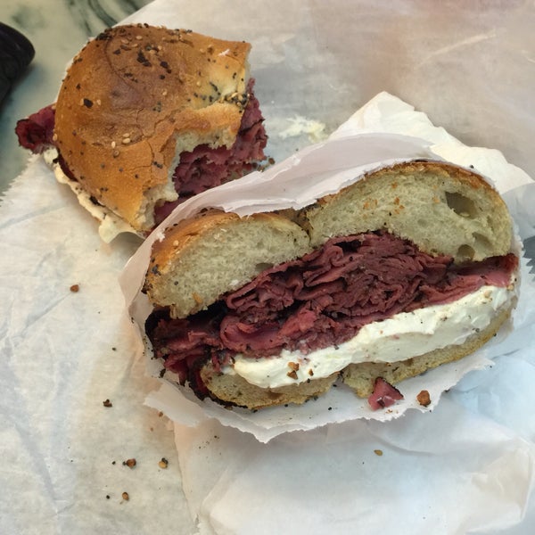 Pastrami and regular cream cheese on toasted everything bagel. Expensive but screams NY.