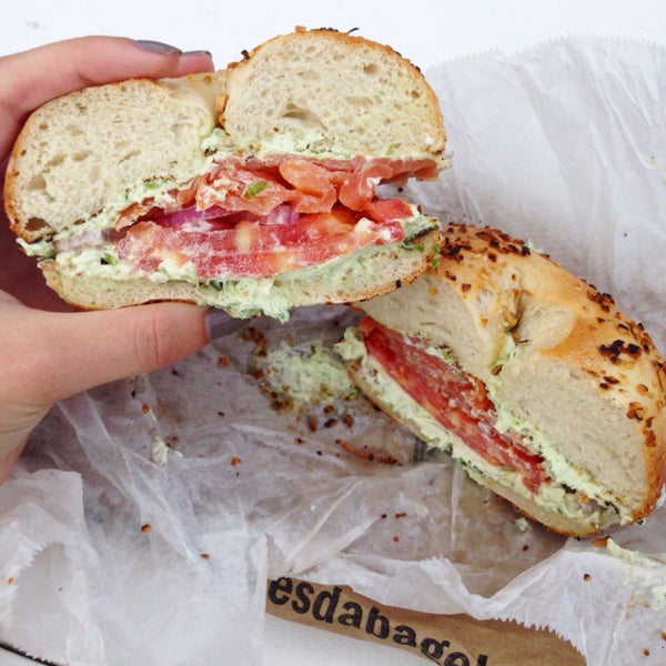 This NYer can get behind the chive cream cheese with lox, tomato, and onion on a toasted bagel.
