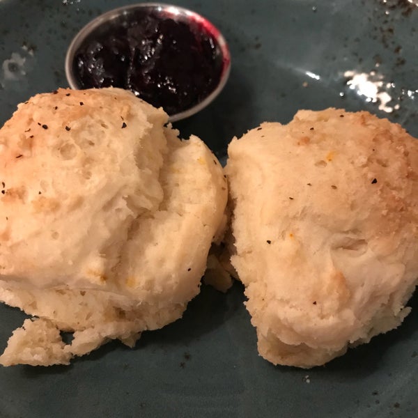 I got Griddled Appalachian Pork, super tender & like thick slice of “unpulled” pork. Accidentally included the sriracha honey drizzle I asked to omit, but wasn’t too hot at all. Delish biscuits too.
