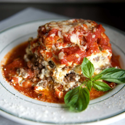 Emilo's three-layer Italian American lasagna features ground beef, mozzarella, a blend of regular and impastata ricotta, spices and fresh pasta.